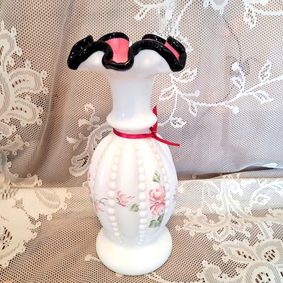 Fenton Other - Vintage Signed Fenton Vase Hand Painted Beaded Milk Glass